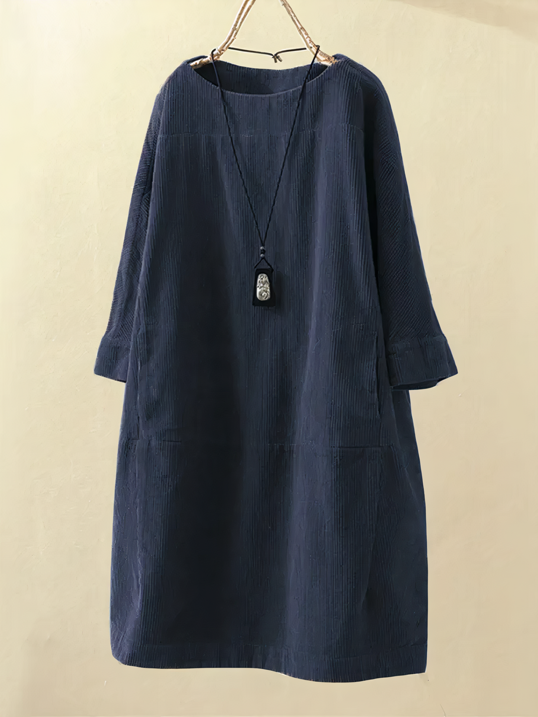 Comfortable casual midi dress for women with 3/4 sleeves & pockets. Ideal for fall & winter everyday wear.