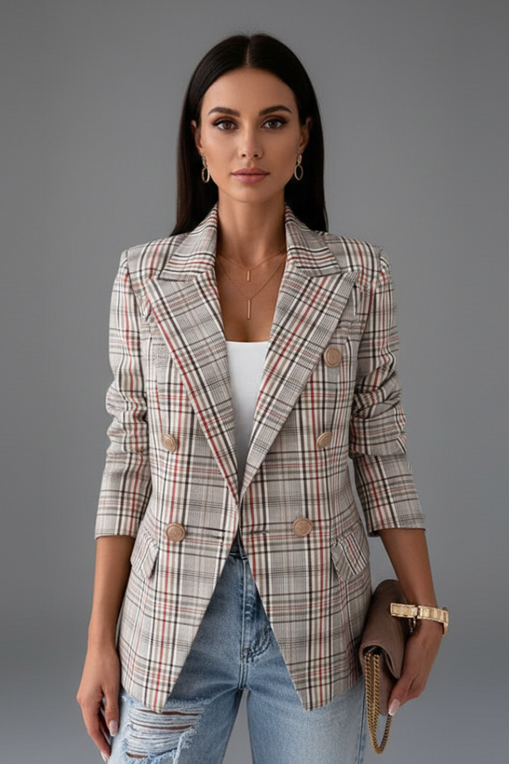 Versatile women's plaid double-breasted blazer, long sleeve. Essential for professional, business casual, or chic office style.