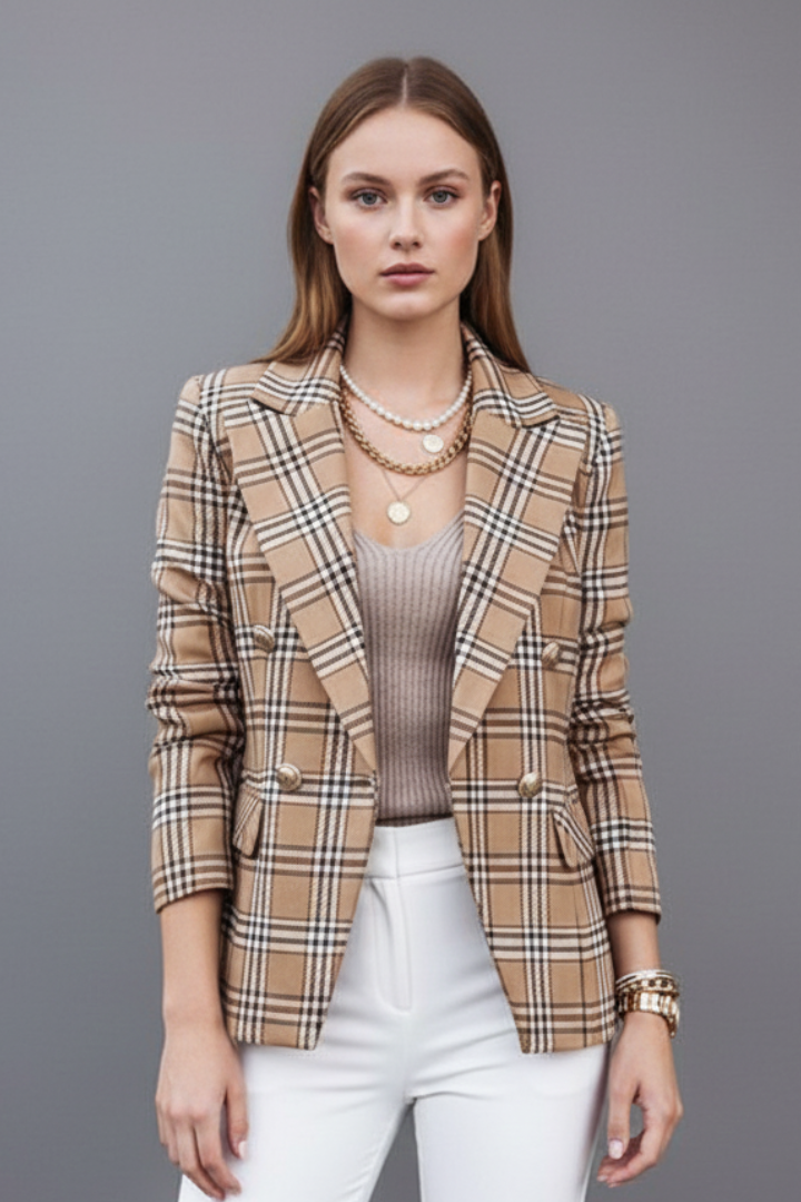 Fall fashion women's plaid double-breasted blazer. Chic, elegant long sleeve for professional and business casual outfits.