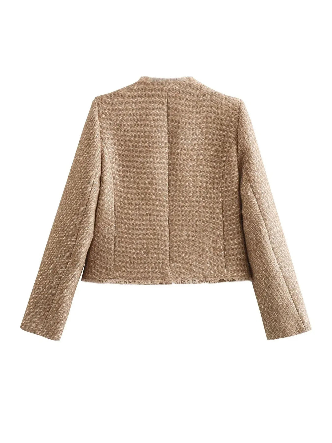 Chic women's cropped blazer in tweed fabric, adorned with fashionable buttons, front view.