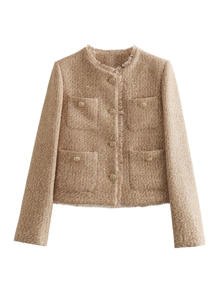 Formal women's tweed jacket, short style with prominent buttons, ideal for elegant outfits.
