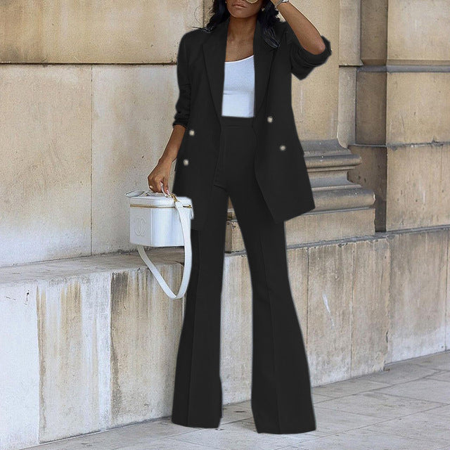 Womenswear two-piece pant suit with a smart blazer and comfortable wide-leg trousers, very versatile.