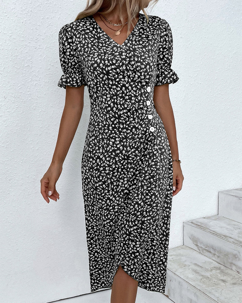 Chic & elegant women's V-neck wrap midi dress, short sleeve, perfect for summer style.