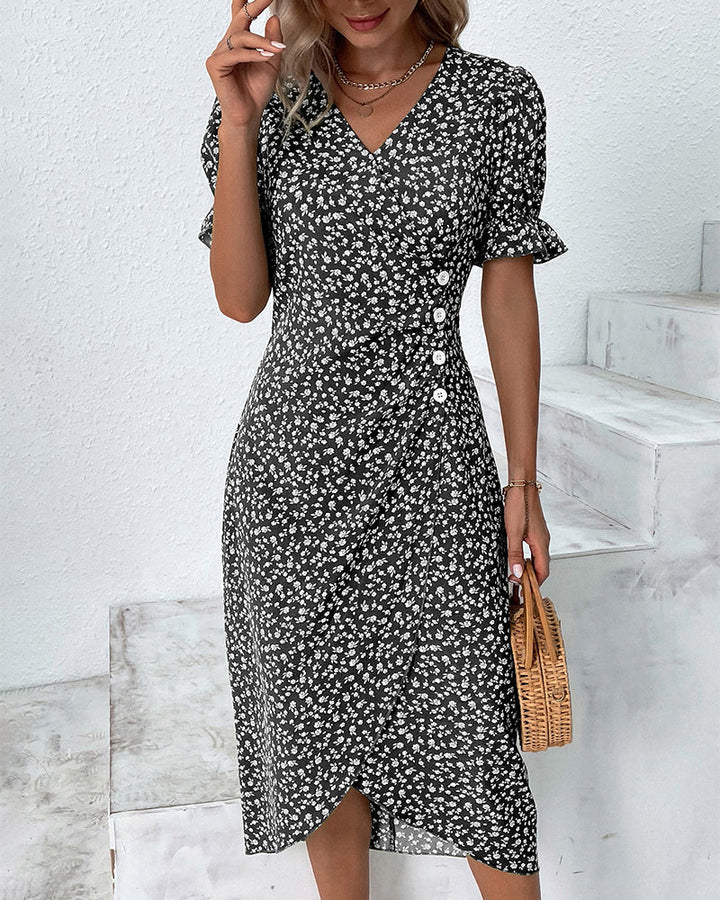 Versatile women's V-neck wrap midi dress, short sleeve, suitable day to night, casual elegance.