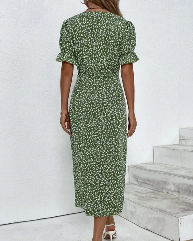 Casual elegance in this women's short sleeve V-neck wrap midi dress, comfortable for summer.