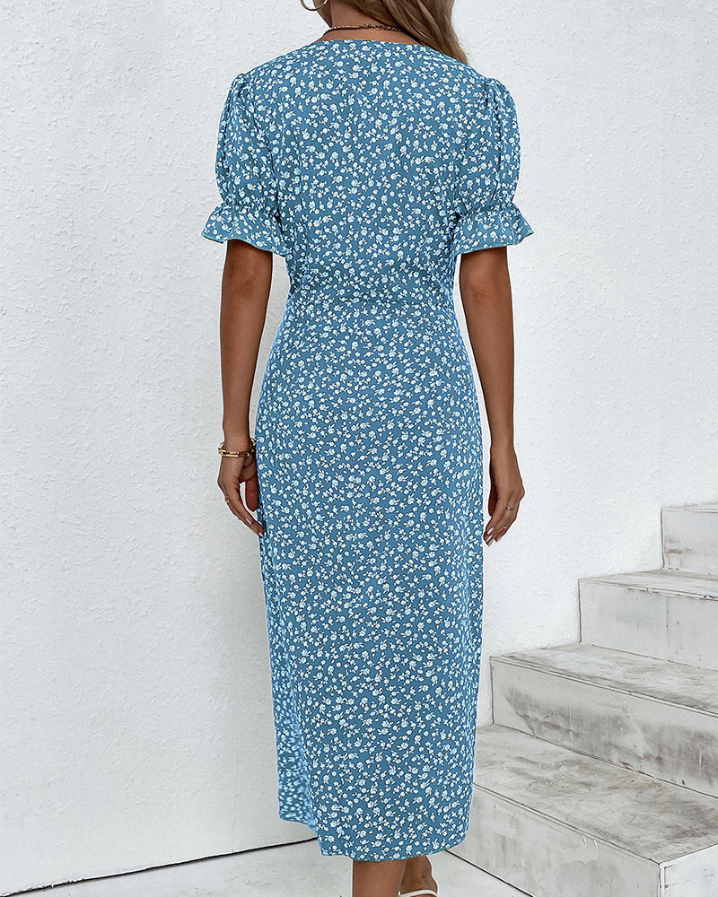 Women's elegant short sleeve midi dress, V-neck wrap style, perfect for summer events.
