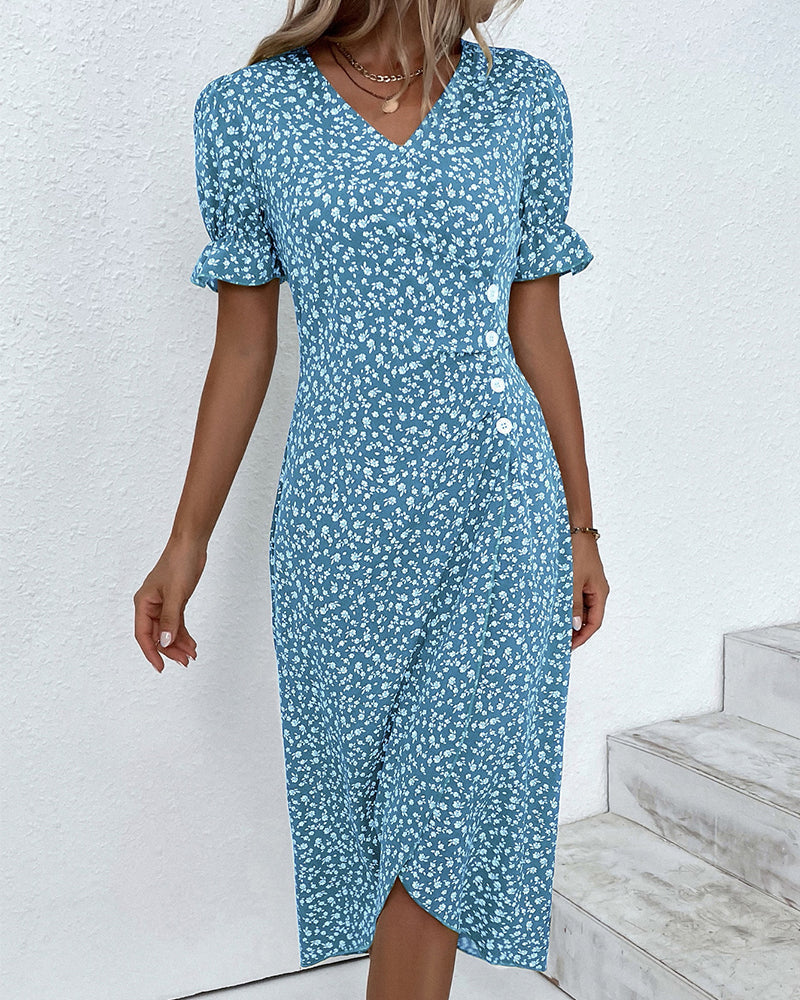 Flattering V-neck wrap midi dress for women, short sleeves, stylish summer casual wear.