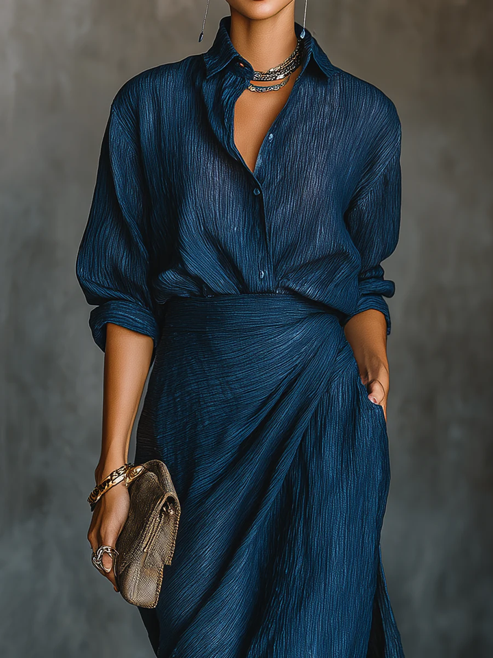 Classic dark blue women's shirt and long skirt set. Elegant two-piece coordinated outfit for timeless fashion & comfort.