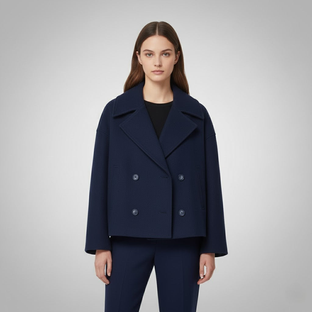 Versatile women's jacket, double button closure, cropped length, perfect for a polished look.