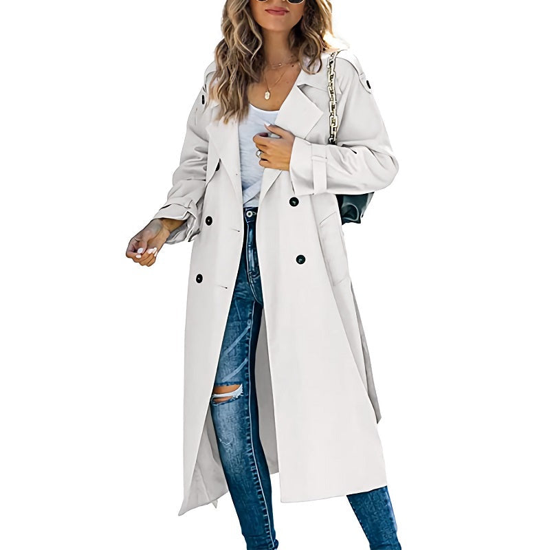 Women's classic long trench coat, ideal for elegant spring & fall transitional outerwear.
