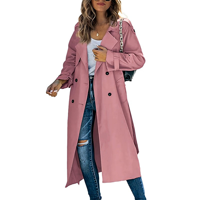 Versatile women's long trench coat in a classic style, perfect for spring & autumn fashion.