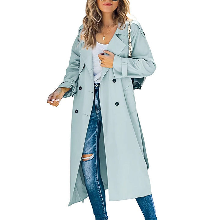 Elegant women's long trench coat, a timeless piece for sophisticated spring & fall transitional outfits.