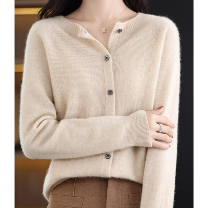 Comfortable and warm women's merino wool long sleeve sweater, classic button-front style.
