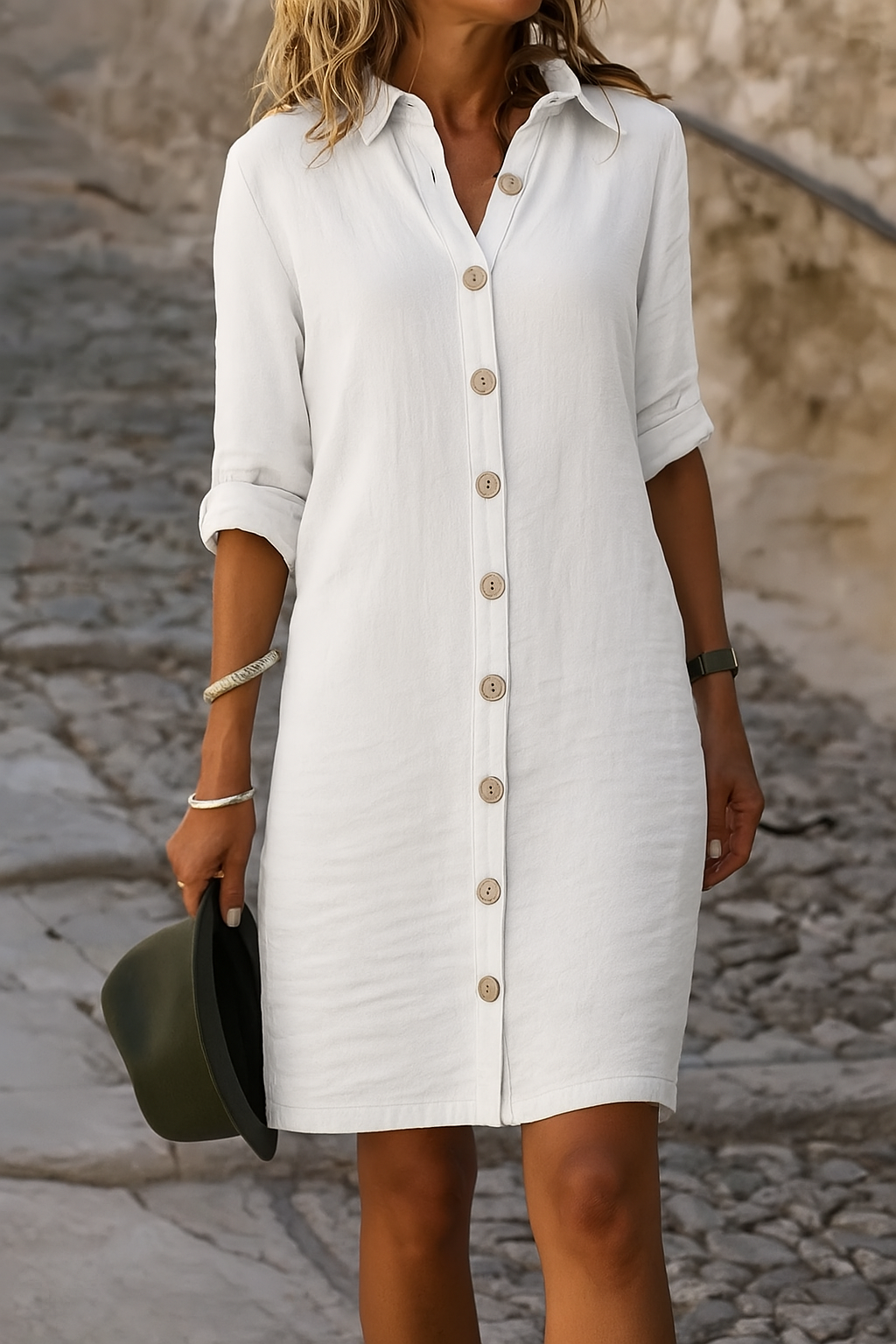 Women's collared button-front summer dress, lightweight fabric & roll-tab sleeves.