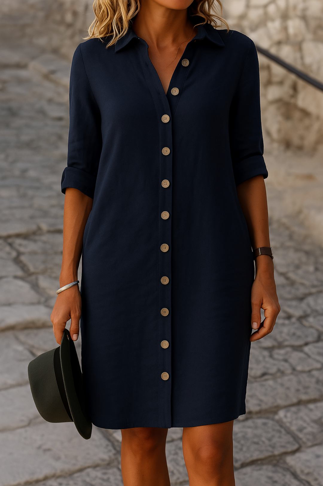 Fashionable women's collared shirt dress, perfect for casual summer wear.