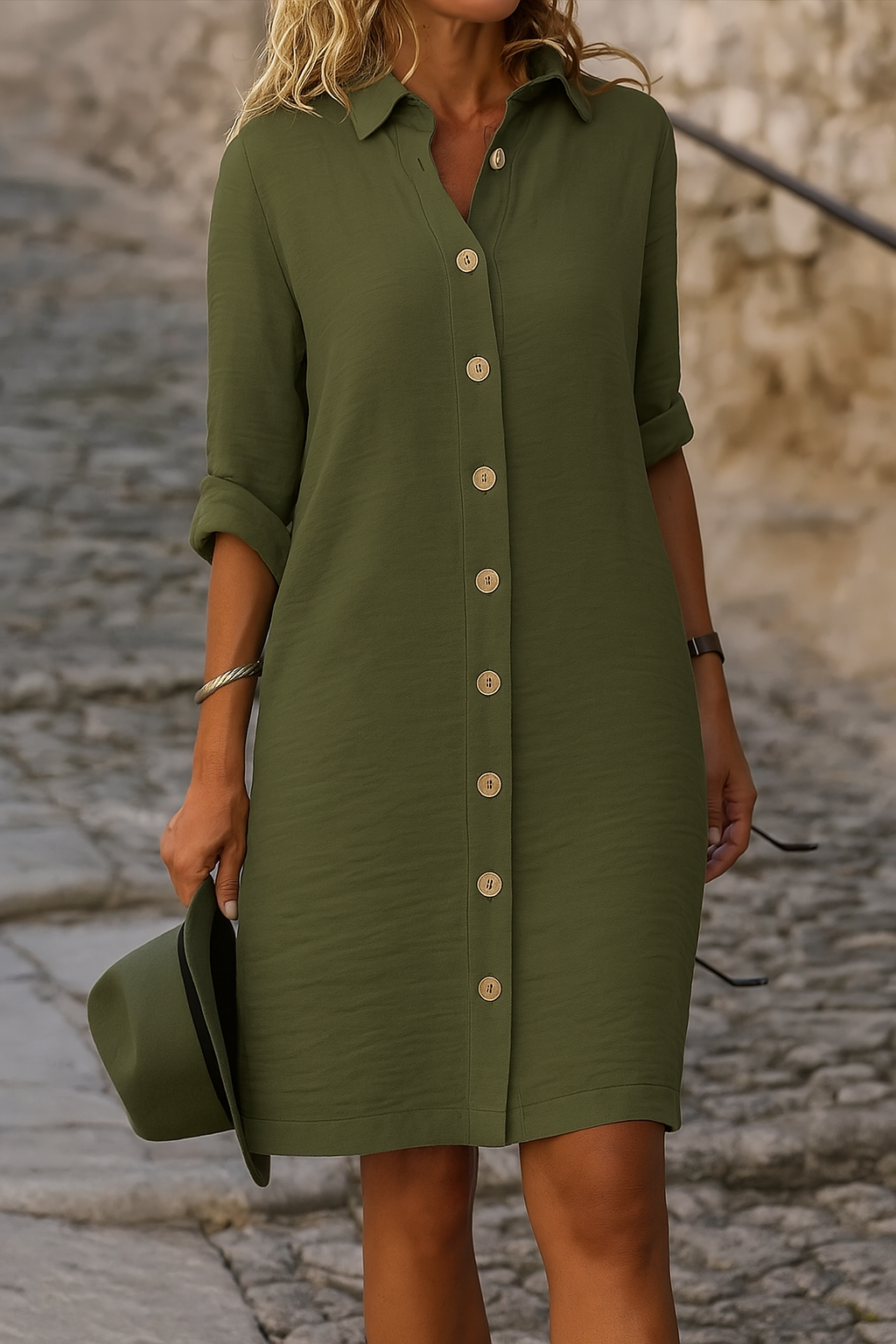 Everyday women's casual dress, collared, featuring roll-tab sleeve design.