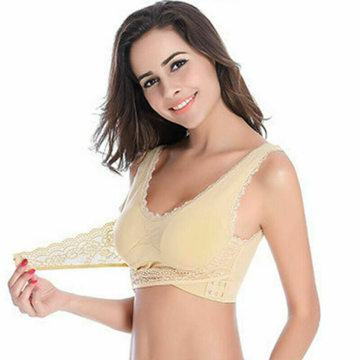 Soft wire-free comfort bra for women, showcasing elegant lace accents & side closure.
