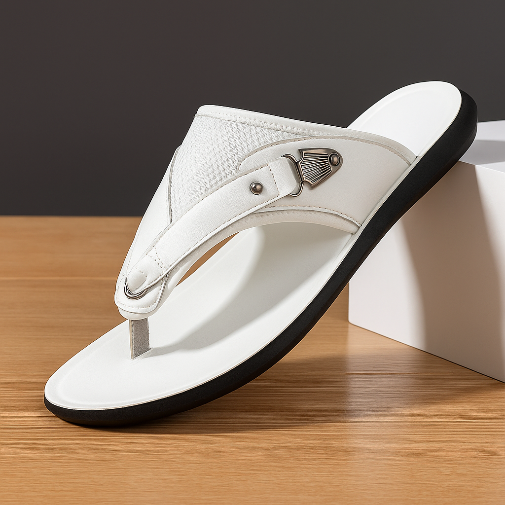 Close-up of women's comfort buckle sandals showing adjustable strap and breathable mesh material.