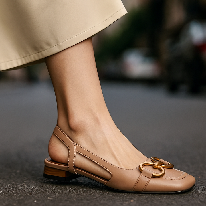 Side view of women's comfort slingback flats, showcasing the orthopedic design and easy wear.