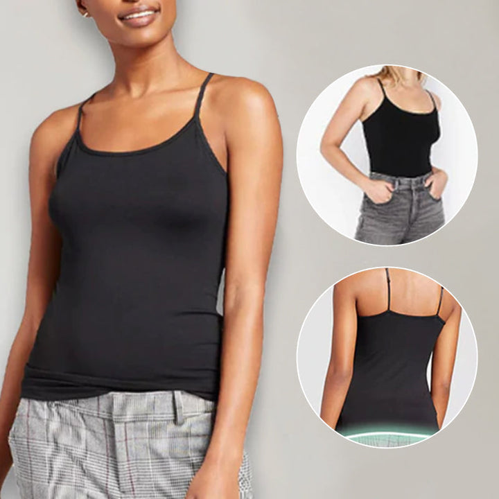 Model wearing a pink women's comfort tank top with built-in bra, side view, active lifestyle