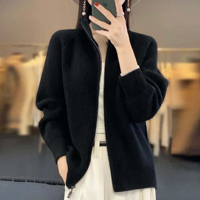 Warm women's zip-front knit sweater, perfect for winter fashion and layering over tops.