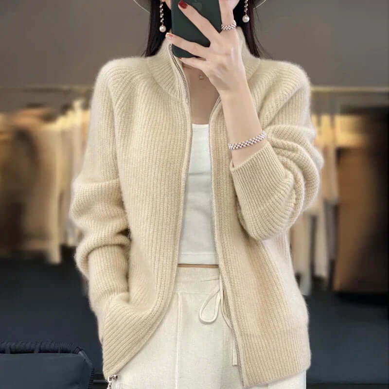 Fall fashion essential: women's zip-front knit sweater in a stylish, versatile color.