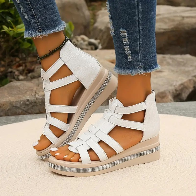 Woman walking in comfortable black wedge sandals, perfect for daily summer casual wear.