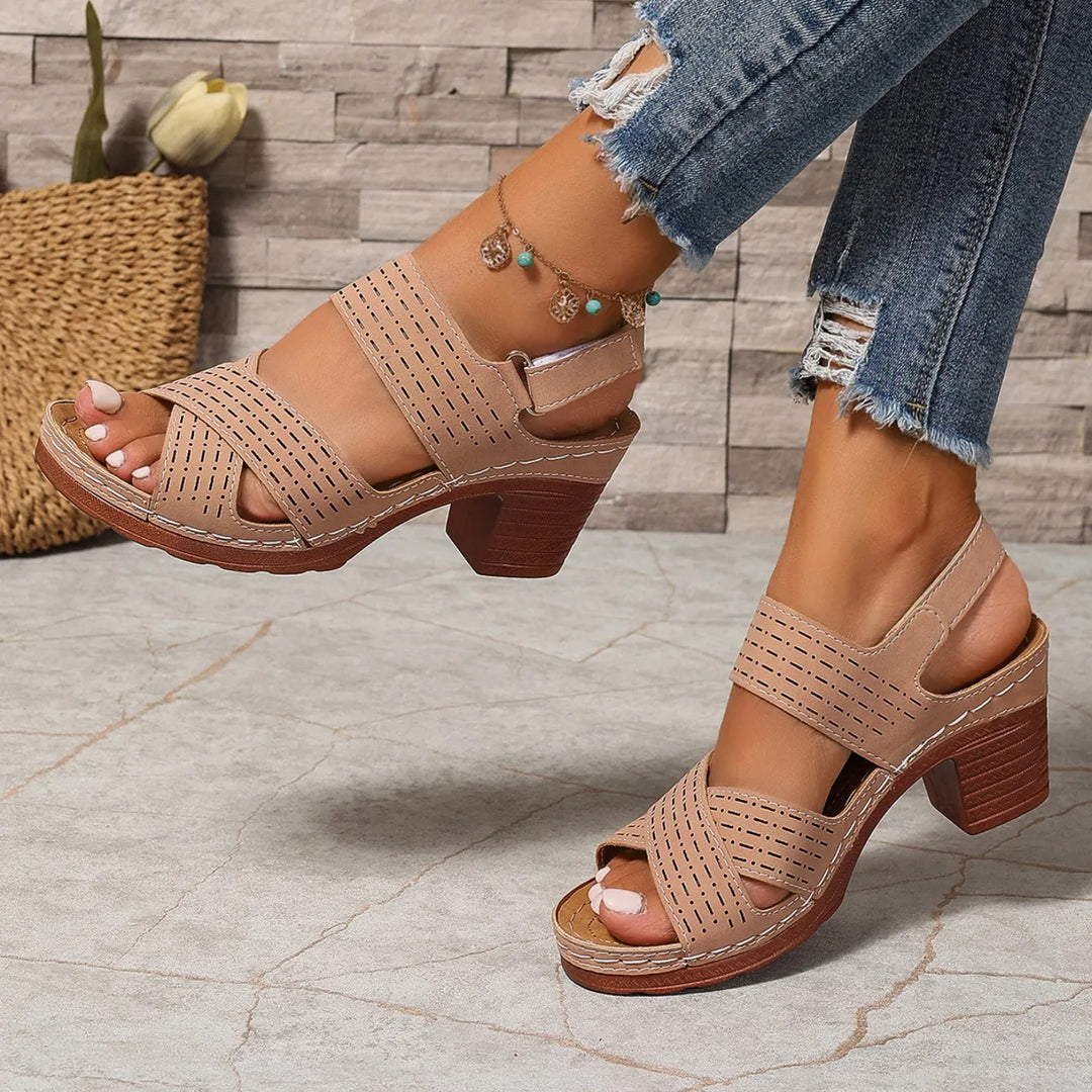 Essential women's block heel sandals, designed for comfort with a stylish crisscross strap