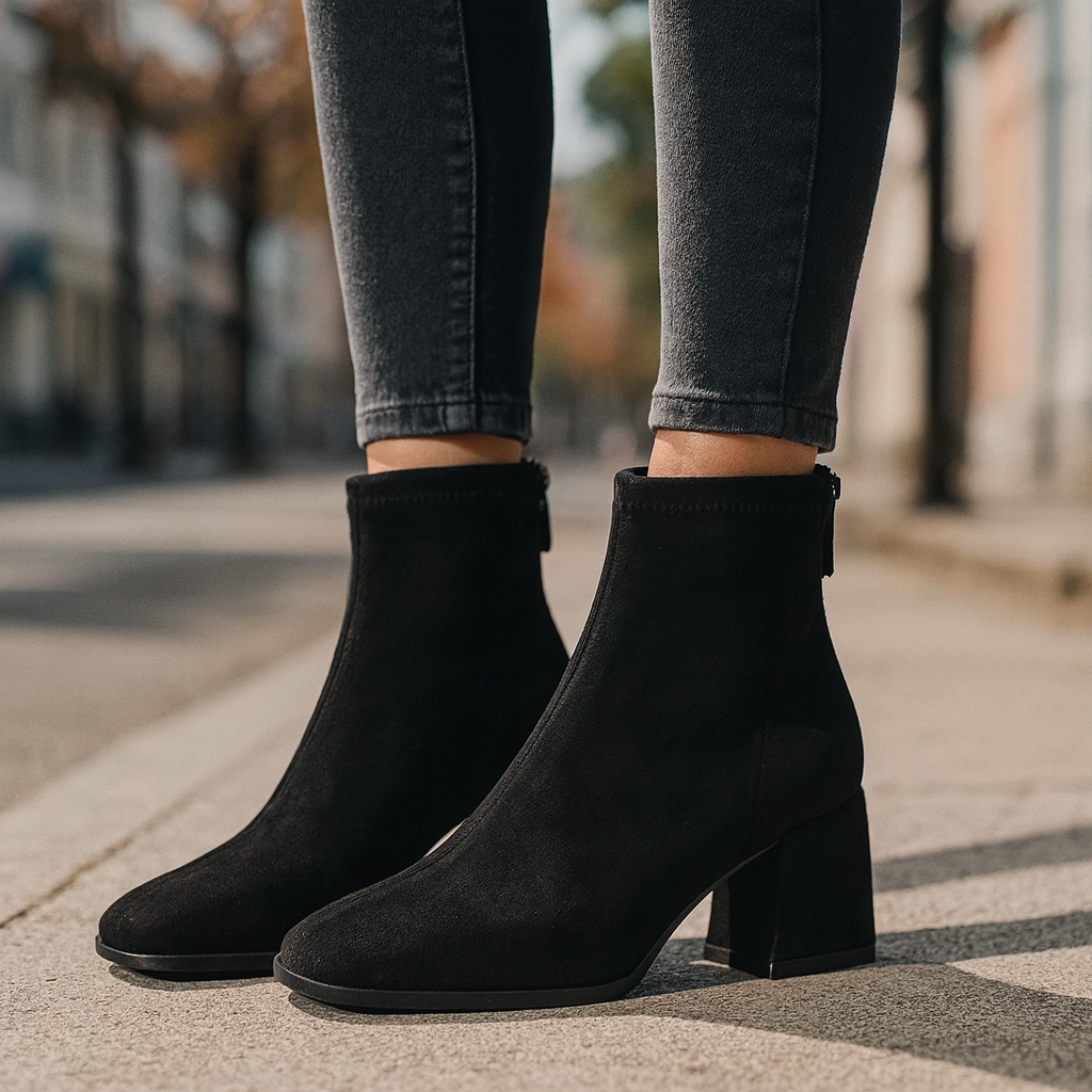 Front view of women's comfortable brown block heel ankle boots, showcasing orthopedic footwear.