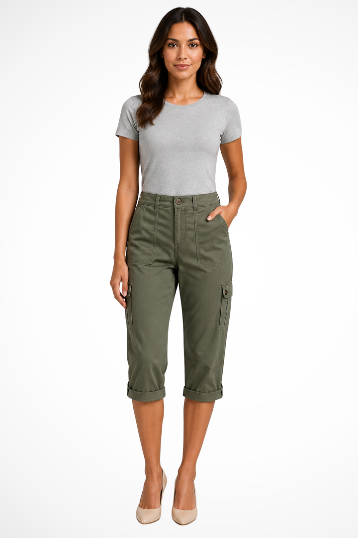 Stylish women's capri cargo pants, cropped length for summer and warm weather casual outfits.