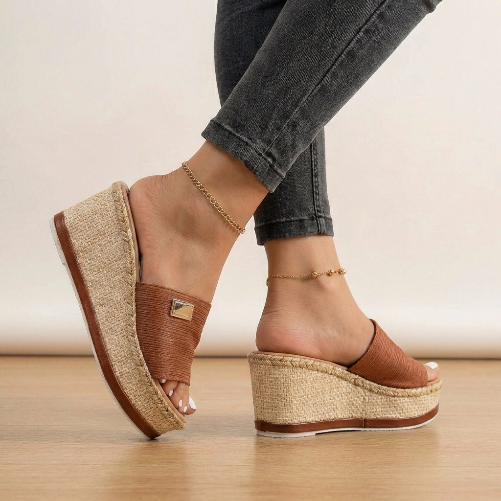 Bohemian chic espadrille wedge sandals for women, featuring textured straps & comfortable summer wear.