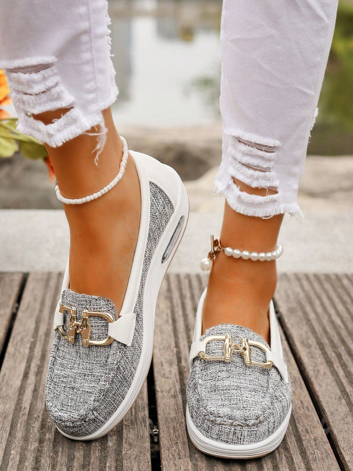 White women's fashion buckle loafers. Comfortable flat shoes, great for casual outings & work.