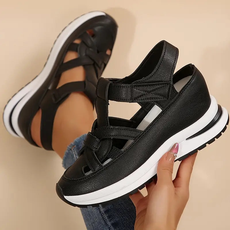 Adjustable flatform sport sandals for women. Velcro ankle strap provides secure, comfortable fit for casual summer wear.