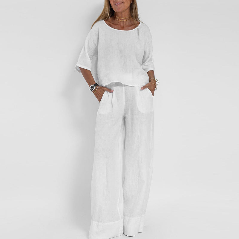 Full shot of a model wearing a women's comfortable loose fit two-piece set, showcasing flexibility