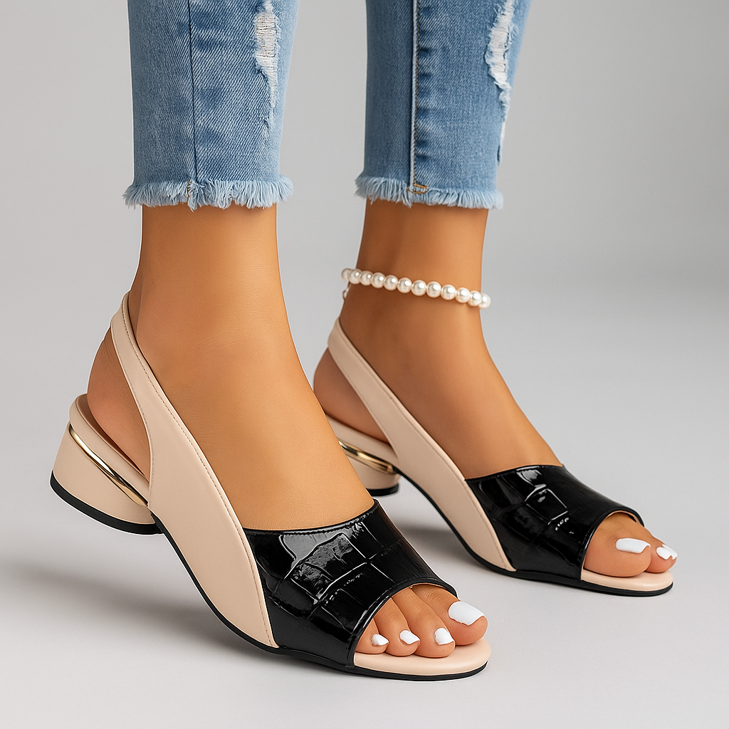 Side view of comfortable women's block heel sandals, featuring elegant croc texture and slingback design