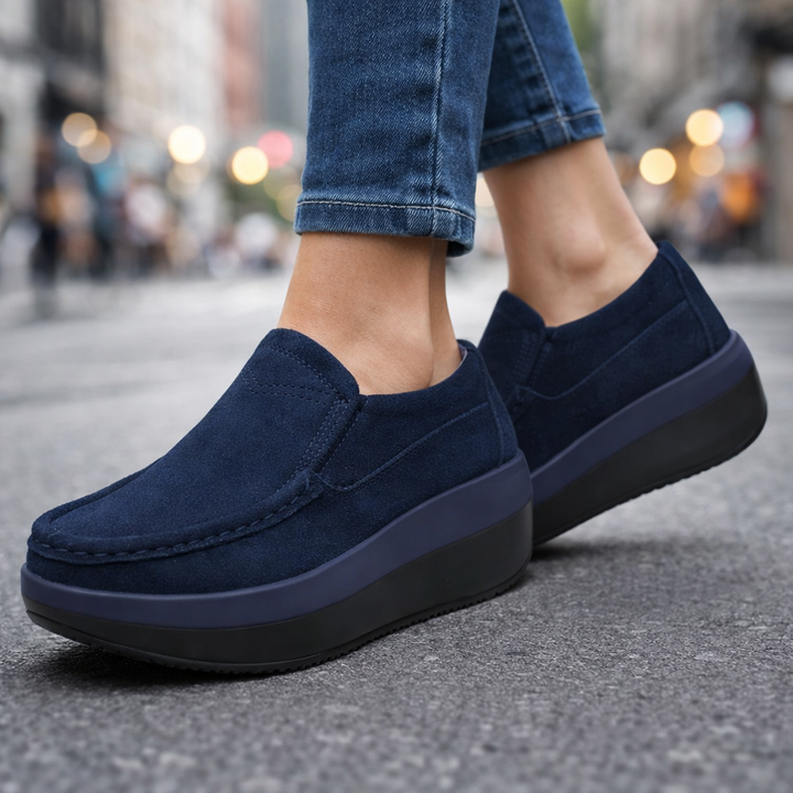 Women's comfortable navy suede slip-on loafers for casual, everyday wear, orthopedic support