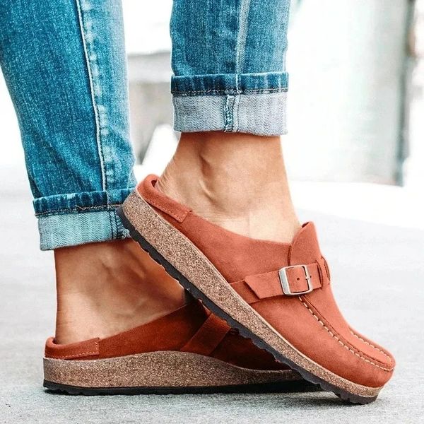 Back view of women's stylish orthopedic mules, designed for comfortable all-day support & casual wear.