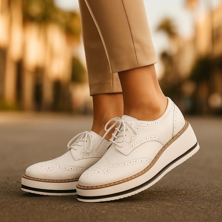 Side view of women's orthopedic platform oxfords, highlighting the comfortable sole and elevated design.