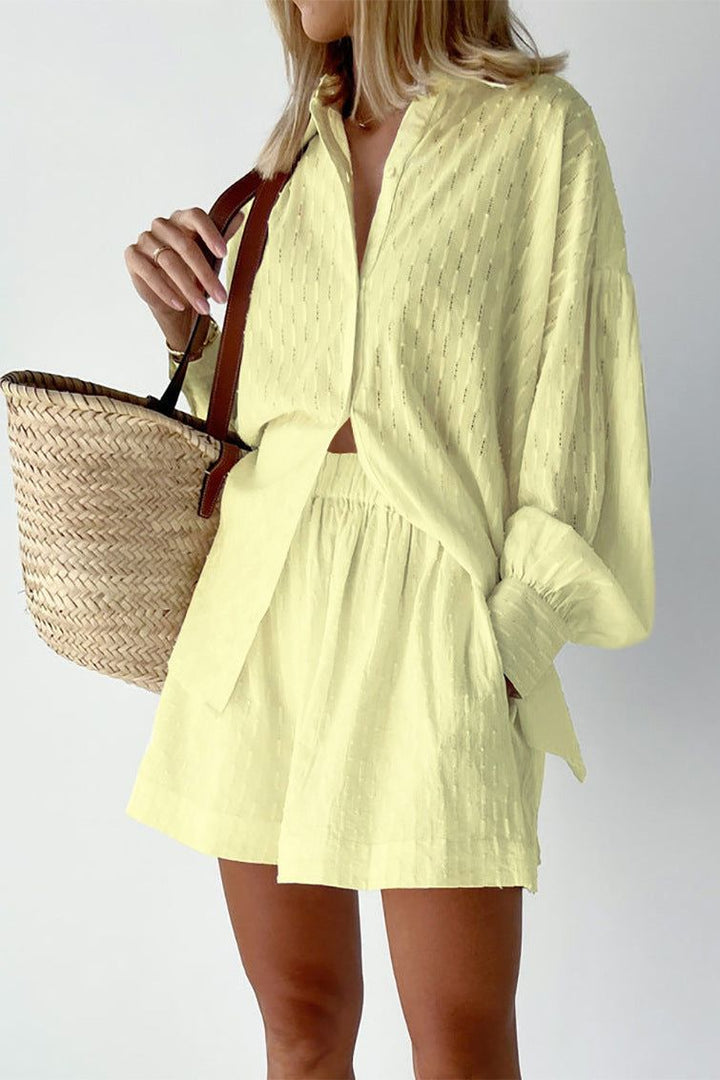 Relaxed fit women's shirt & shorts set, comfortable spring & summer daywear and loungewear.