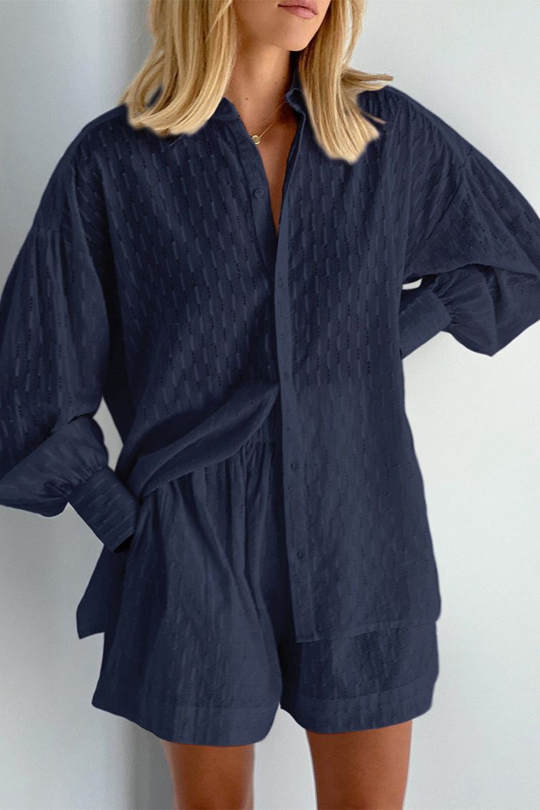 Comfortable women's short sleeve shirt & shorts set, a relaxed fit for summer travel outfit.