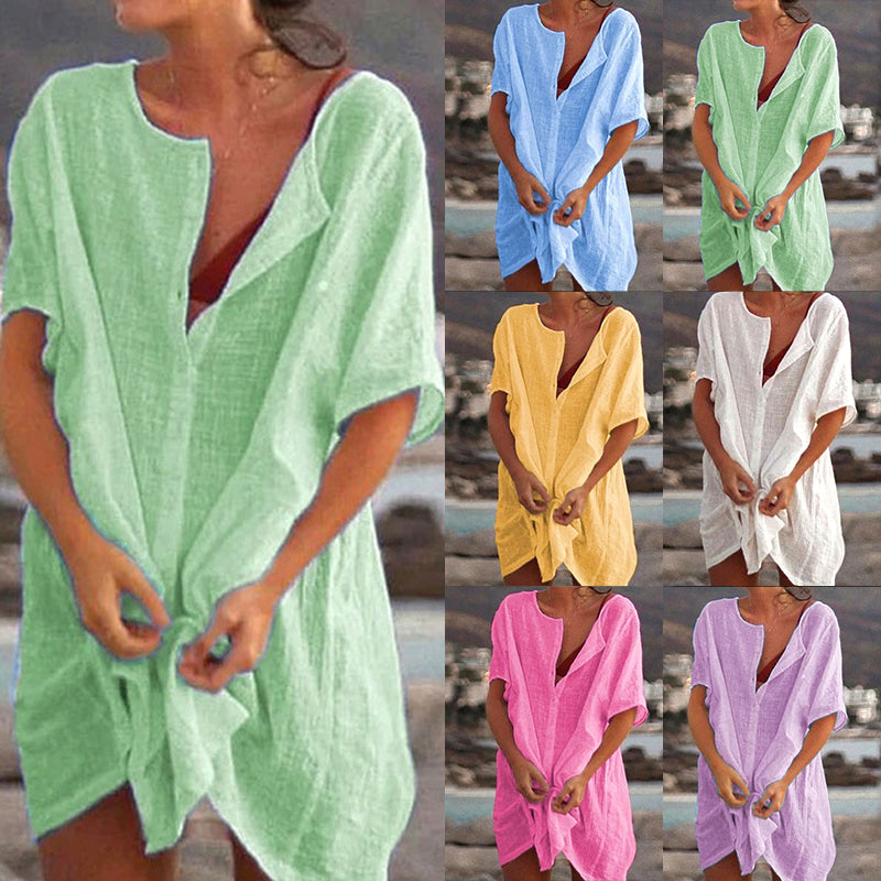 Women's cotton linen blend loose long shirt in white, perfect for summer casual wear