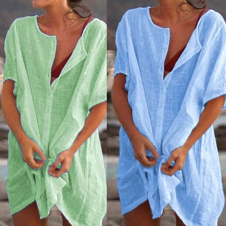 Breathable a-line women's top, a loose long fit cotton linen blend shirt ideal for beachwear