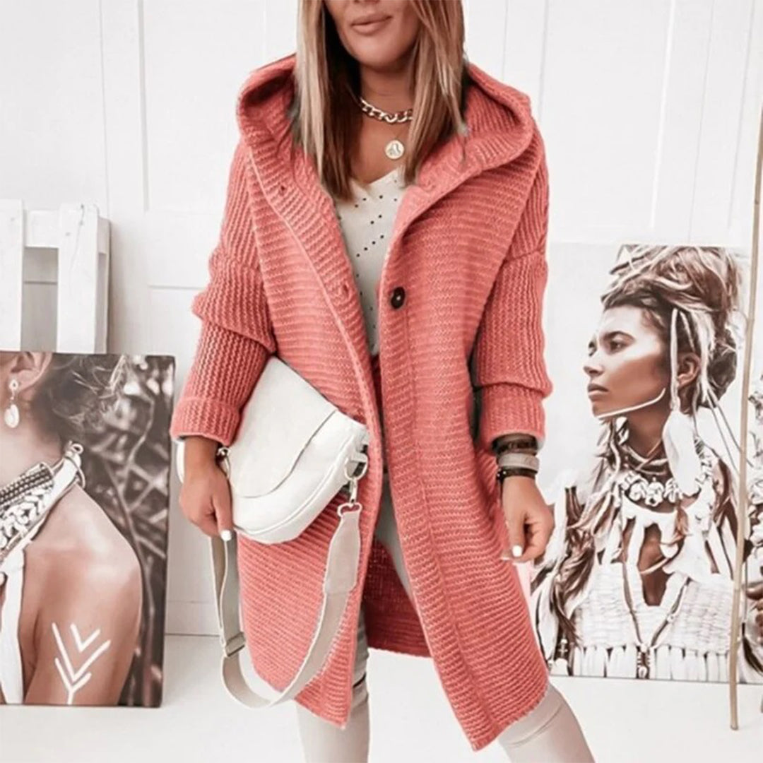 Women's cozy hooded long sleeve knit cardigan, perfect for winter layering and casual comfort.