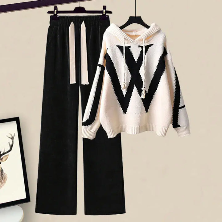 Versatile women's daily wear knit set with a cozy sweater & comfortable wide-leg pants.