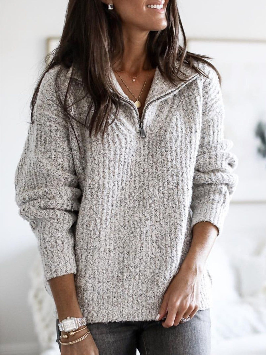 Ribbed long sleeve zip-up sweater for women, black, casual winter fashion, warm and cozy top.