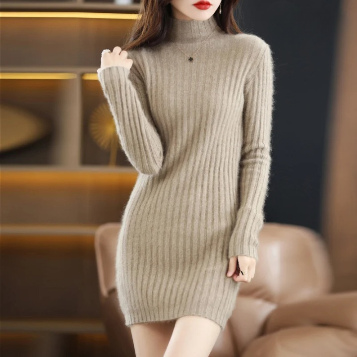 Women's elegant roll neck sweater dress for casual autumn outings. Long sleeve, above knee length.