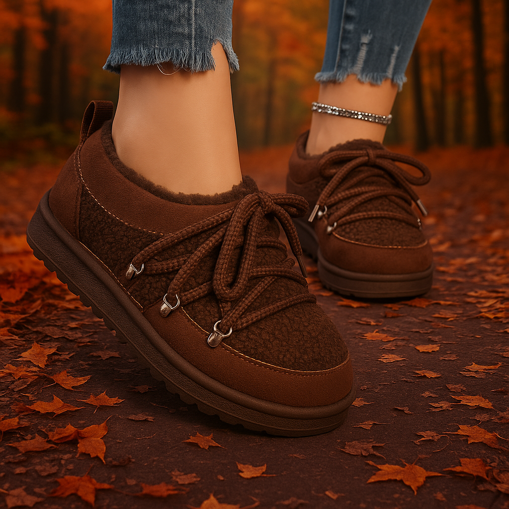 Close-up of sherpa lining in women's warm winter boots, perfect for cozy comfort