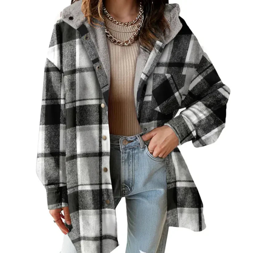 Stylish women's plaid shacket in a teddy bear fabric, perfect for fall/winter casual wear.