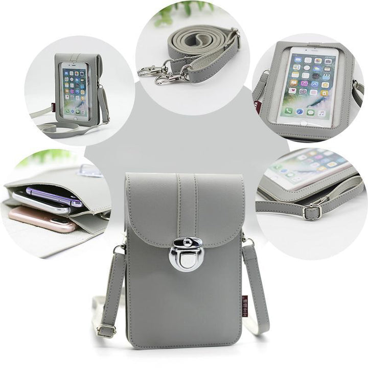 Back view of women's touchscreen crossbody bag, showcasing textured PU leather material