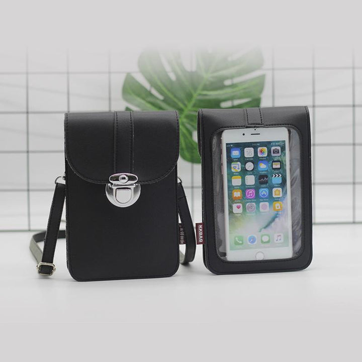 Model wearing women's touchscreen crossbody phone bag, demonstrating size &amp; how it's worn